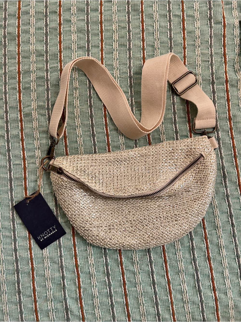 Cream and metalic Woven Crossbody Belt Bag